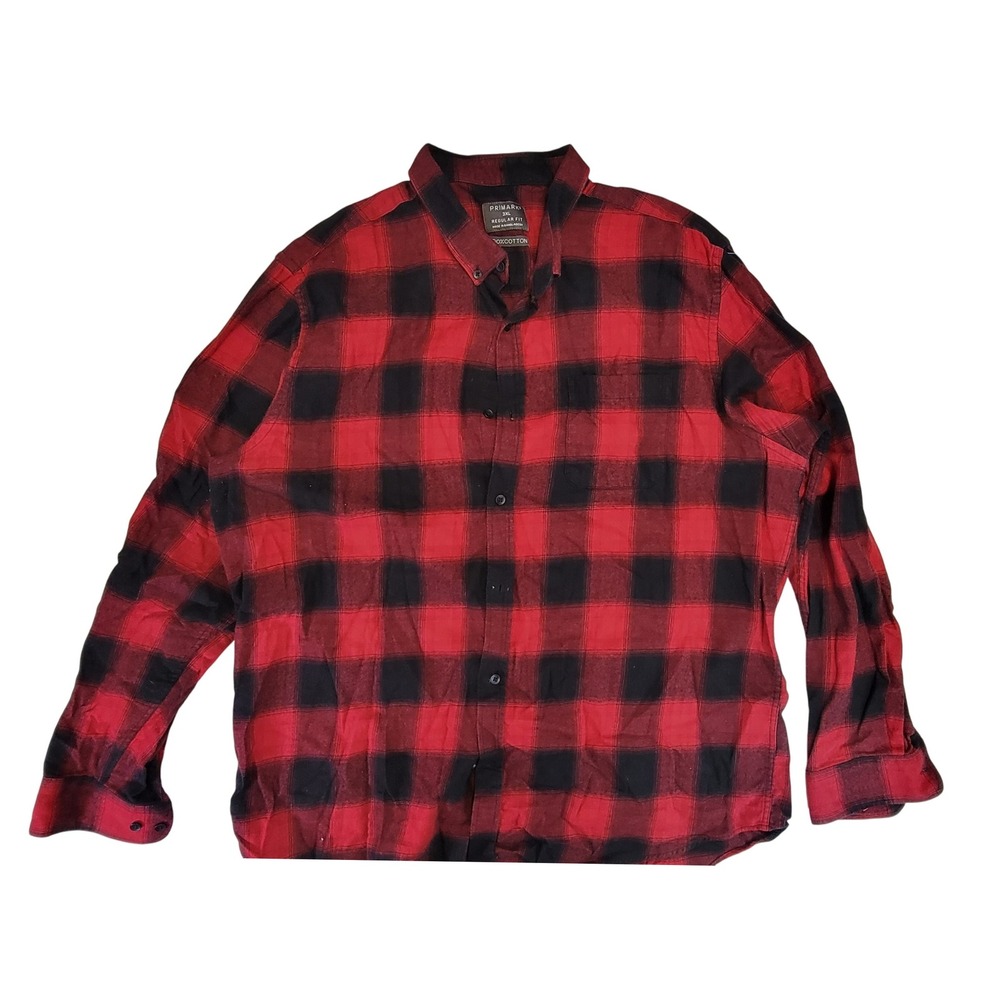 Primark Mens Red Black Buffalo‎ Plaid Button Down Shirt 3XL Regular Fit Cotton